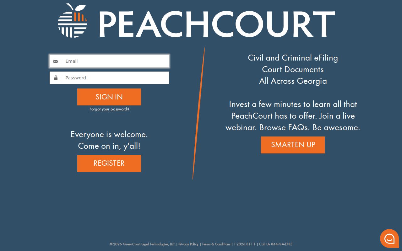 PeachCourt account access page used for Georgia court filing services