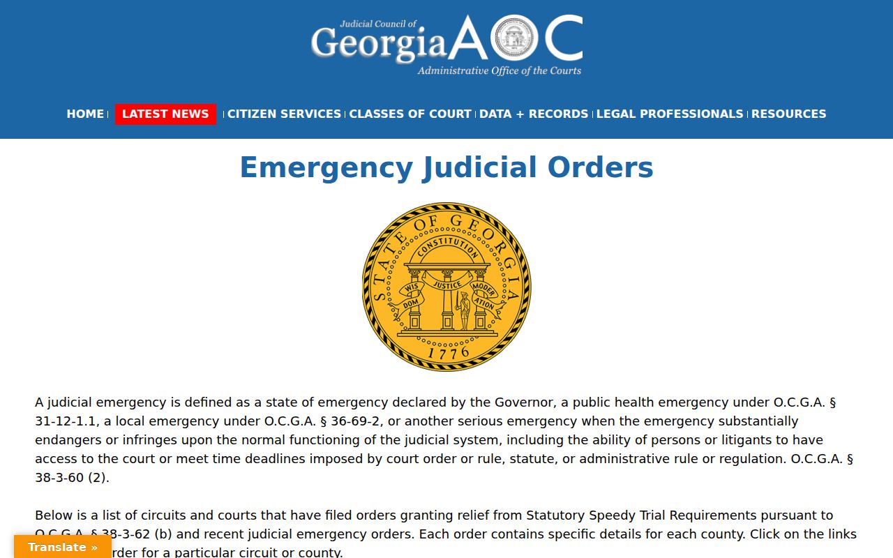 Georgia emergency judicial orders page used to check Talbot County closures