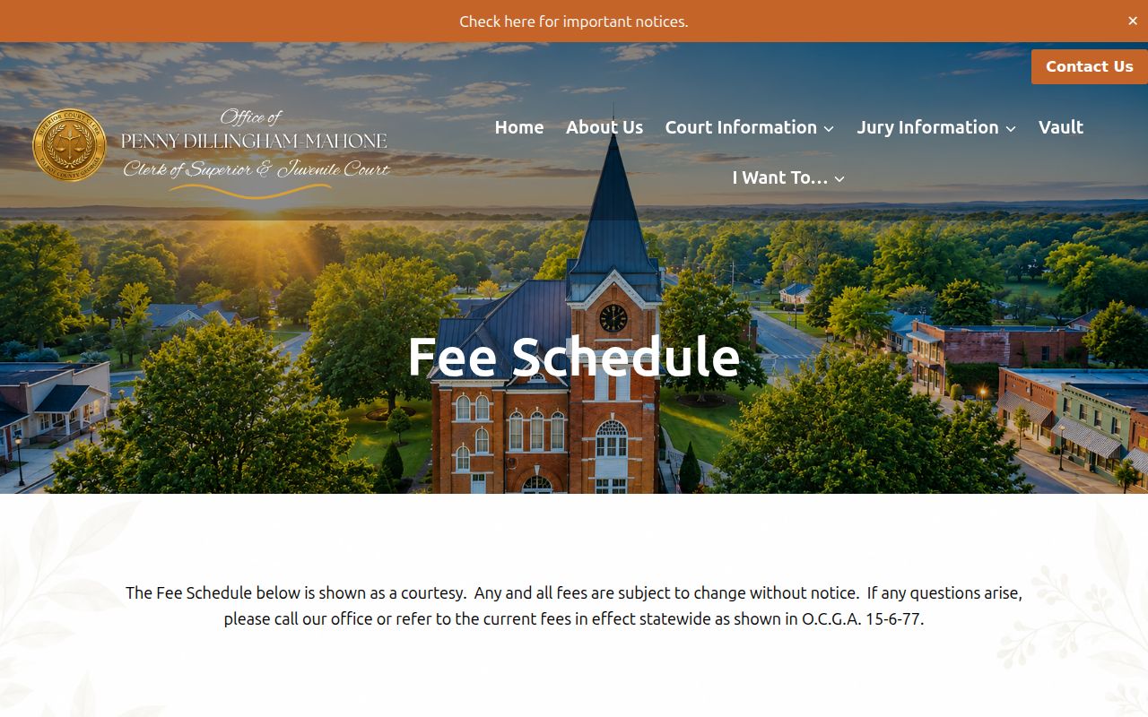 Talbot Superior Court fee schedule page and change warning