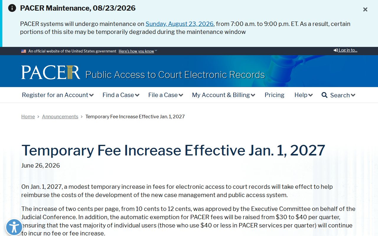 Geneva court docket PACER fee change notice