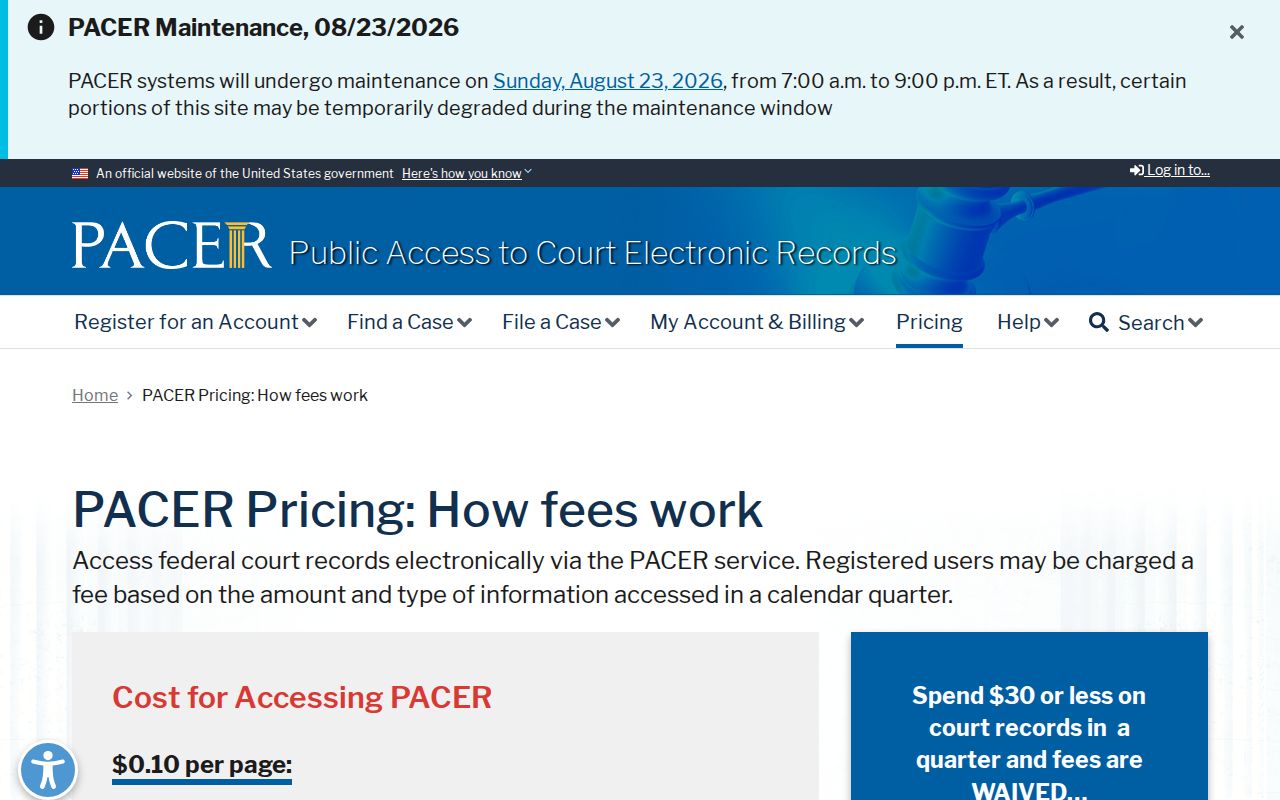 Geneva court docket PACER pricing source